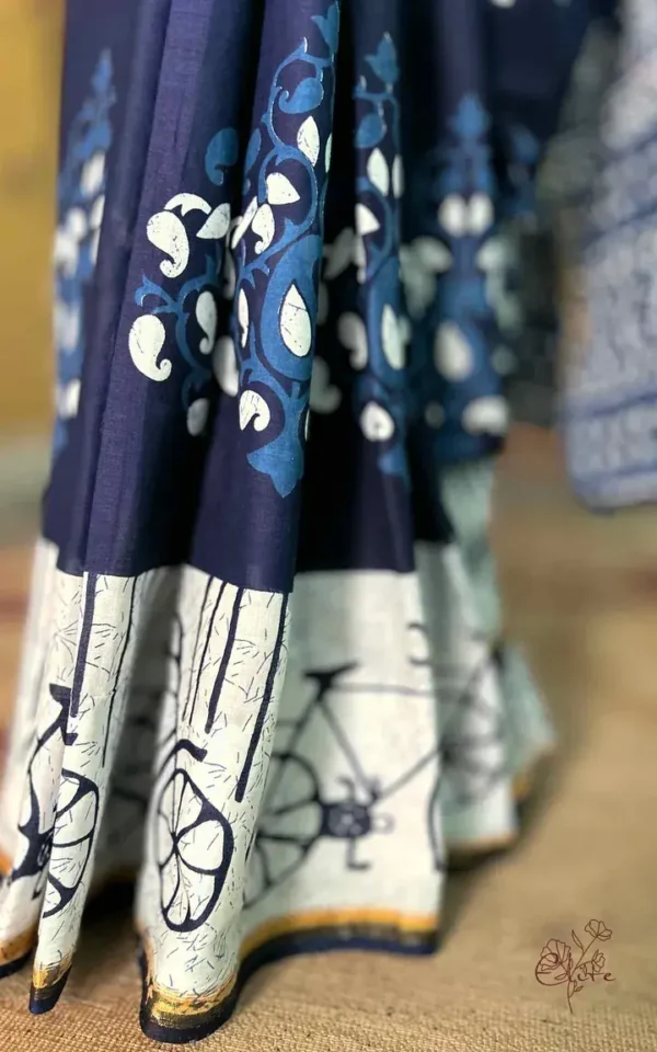 Indigo Hand Block Printed Bagru Cotton Saree