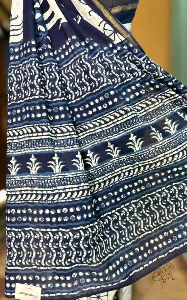 Indigo Hand Block Printed Bagru Cotton Saree