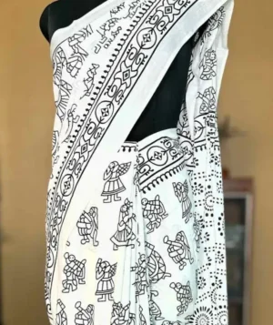 WHITE HAND BLOCK PRINTED BAGRU COTTON SAREE