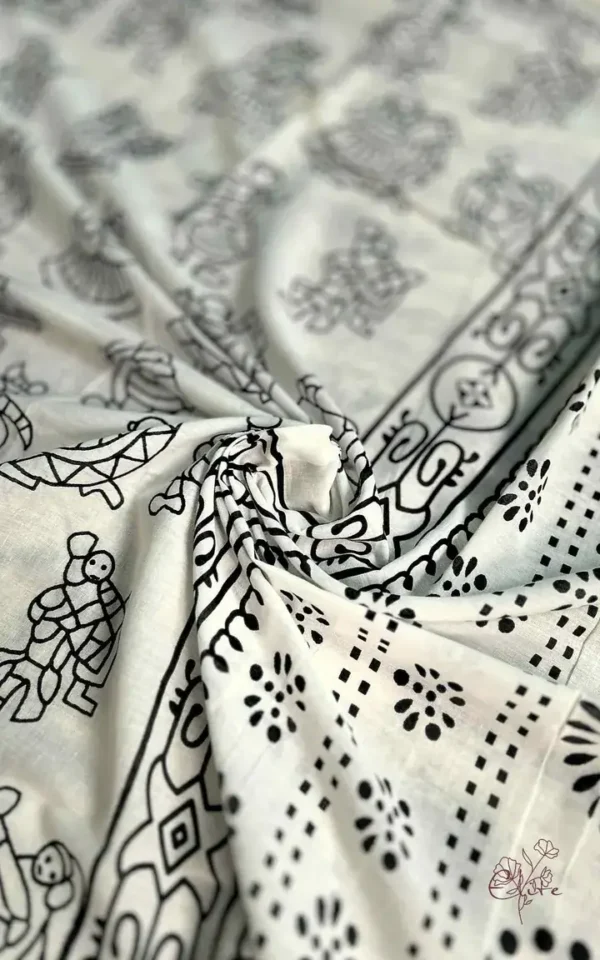 WHITE HAND BLOCK PRINTED BAGRU COTTON SAREE