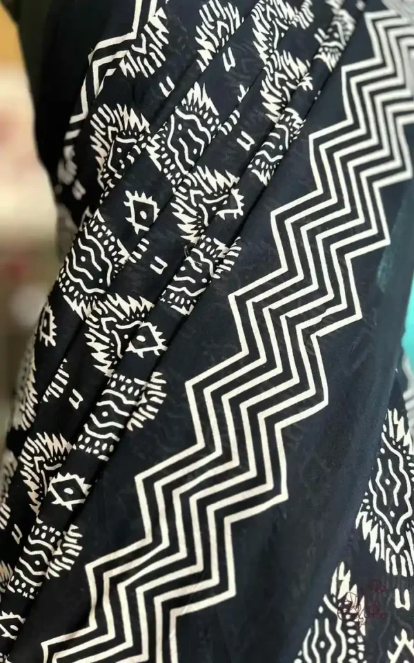 Black Hand Block Printed Bagru Cotton Saree