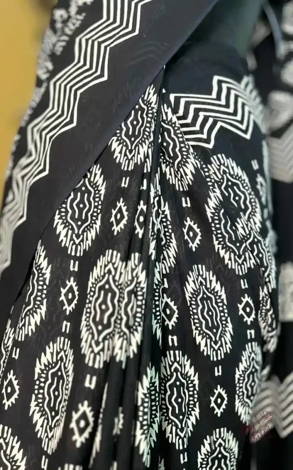 Black Hand Block Printed Bagru Cotton Saree