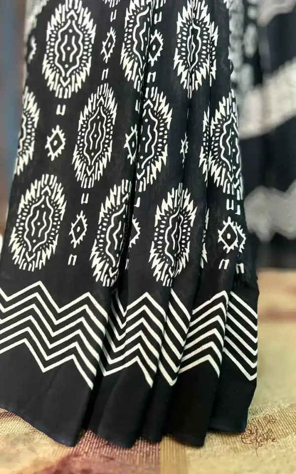 Black Hand Block Printed Bagru Cotton Saree
