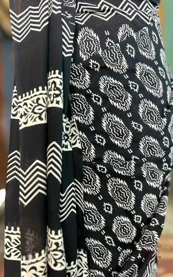 Black Hand Block Printed Bagru Cotton Saree