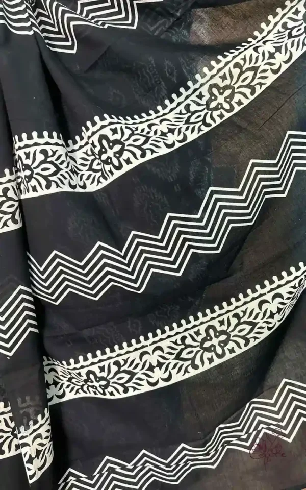 Black Hand Block Printed Bagru Cotton Saree