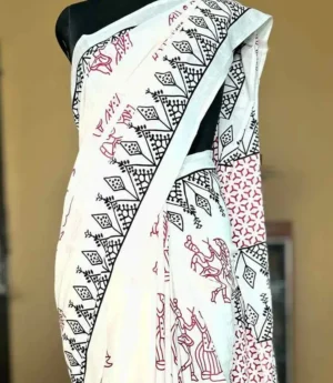 WHITE HAND BLOCK PRINTED BAGRU COTTON SAREE