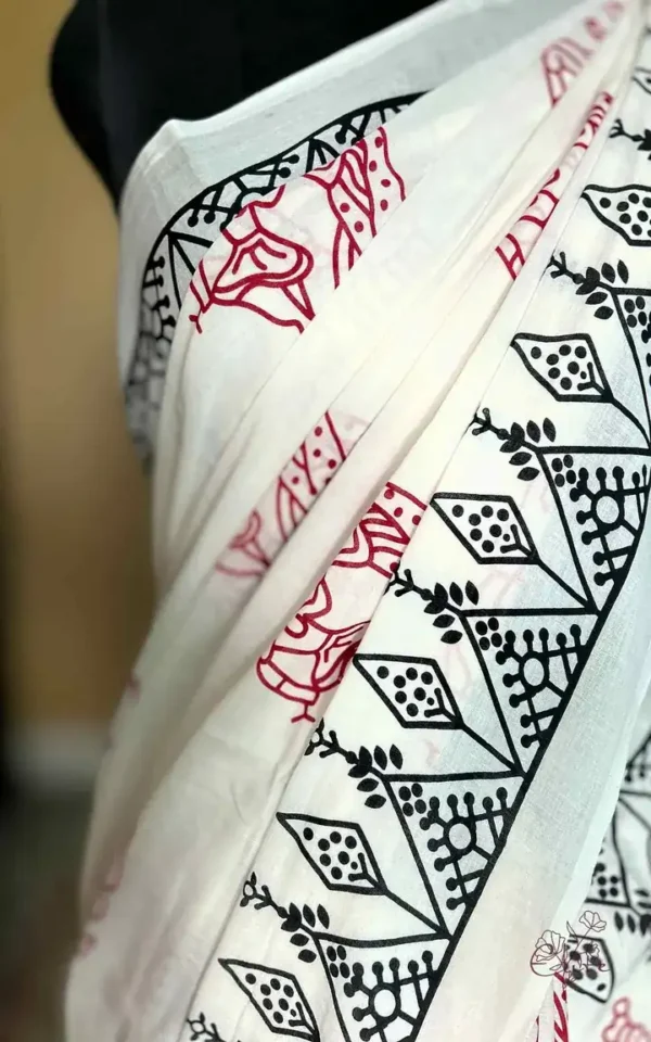 WHITE HAND BLOCK PRINTED BAGRU COTTON SAREE