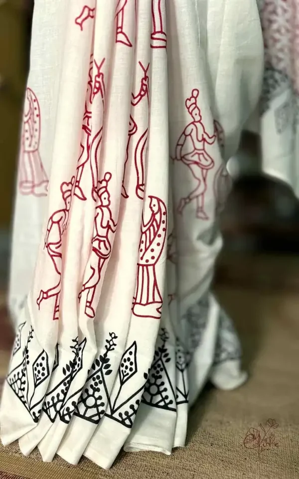 WHITE HAND BLOCK PRINTED BAGRU COTTON SAREE