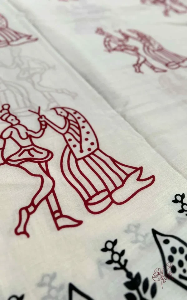 WHITE HAND BLOCK PRINTED BAGRU COTTON SAREE