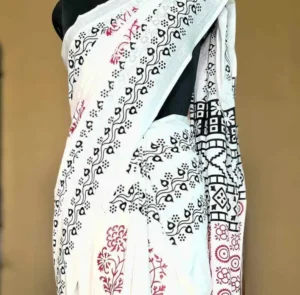 WHITE HAND BLOCK PRINTED BAGRU COTTON SAREE