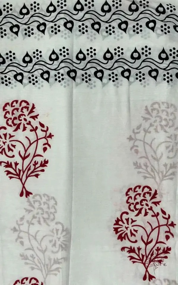 WHITE HAND BLOCK PRINTED BAGRU COTTON SAREE