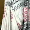 WHITE HAND BLOCK PRINTED BAGRU COTTON SAREE