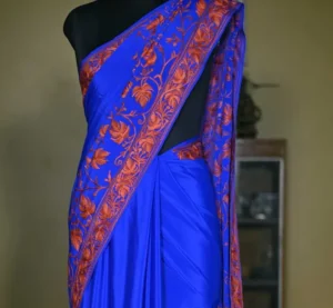 Blue indian crepe Red kashida embroidery border saree