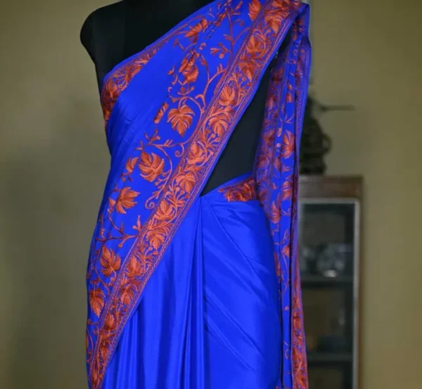 Blue indian crepe Red kashida embroidery border saree