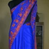 Blue indian crepe Red kashida embroidery border saree