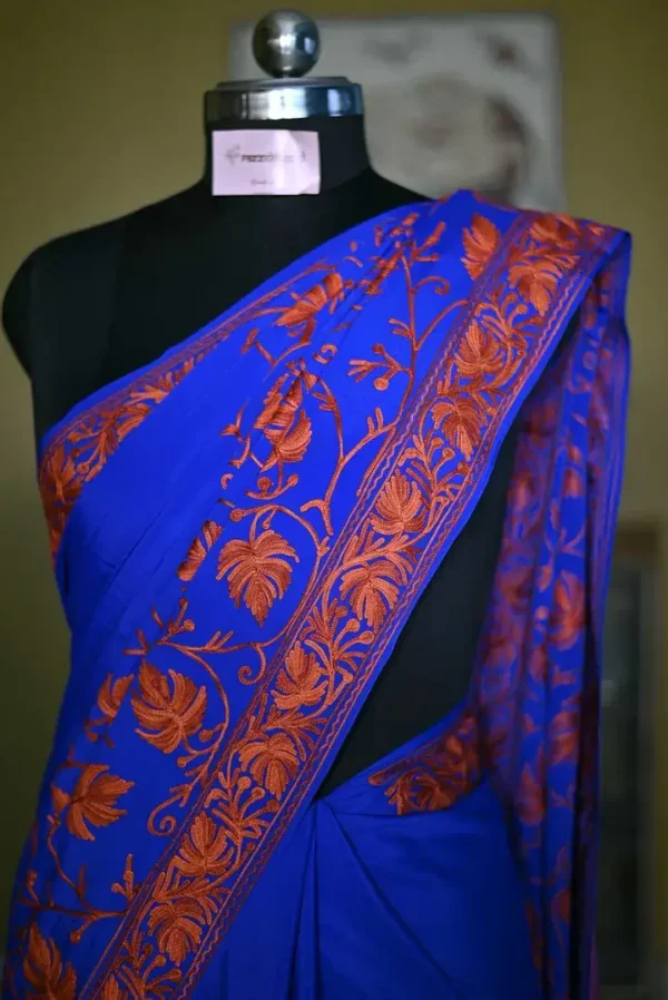 Blue indian crepe Red kashida embroidery border saree