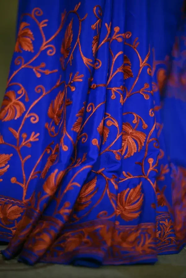 Blue indian crepe Red kashida embroidery border saree