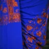 Blue indian crepe Red kashida embroidery border saree