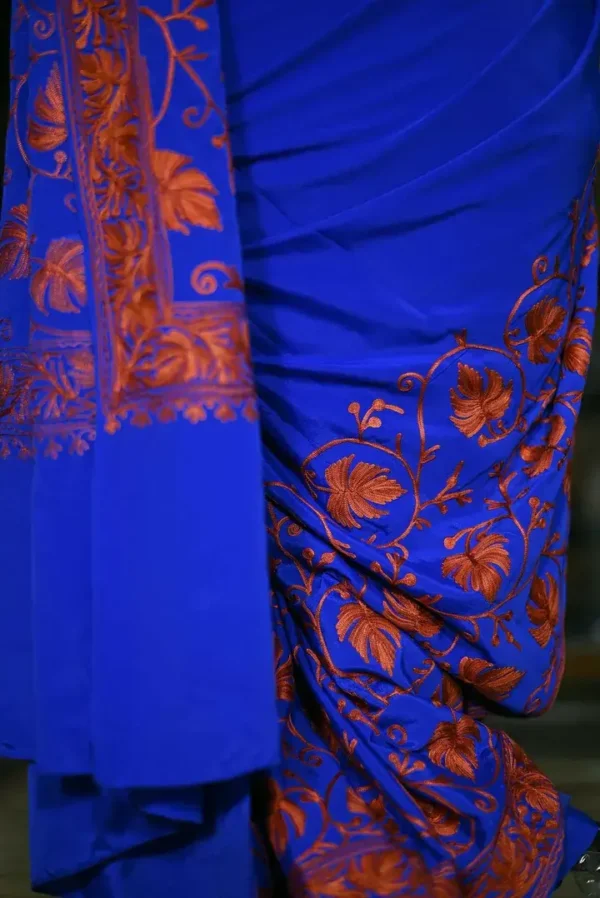 Blue indian crepe Red kashida embroidery border saree