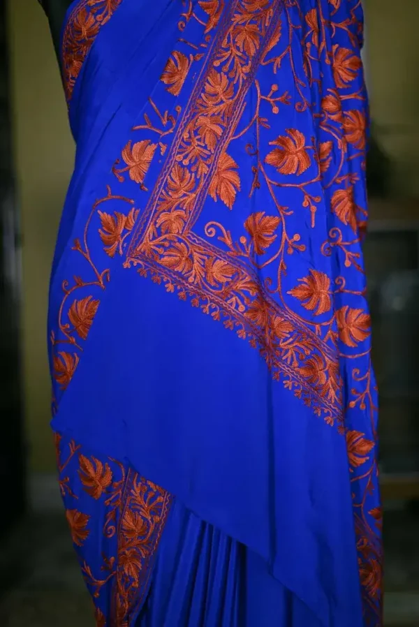 Blue indian crepe Red kashida embroidery border saree