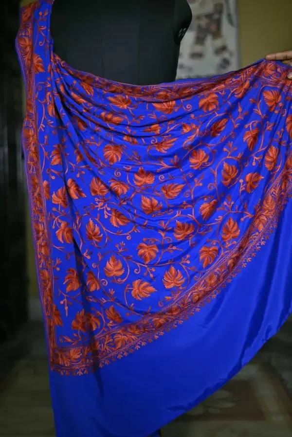 Blue indian crepe Red kashida embroidery border saree