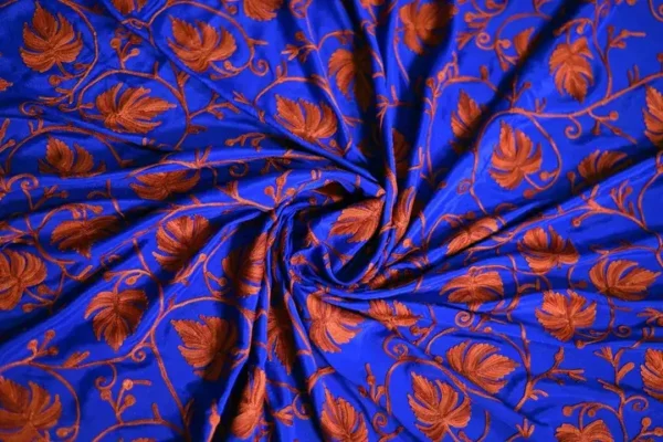 Blue indian crepe Red kashida embroidery border saree