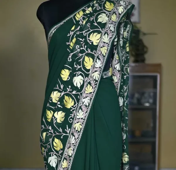 Bottle Green indian crepe White kashida embroidery border saree