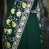 Bottle Green indian crepe White kashida embroidery border saree