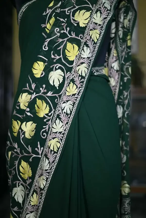 Bottle Green indian crepe White kashida embroidery border saree