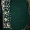 Bottle Green indian crepe White kashida embroidery border saree