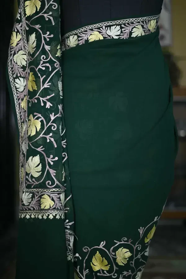 Bottle Green indian crepe White kashida embroidery border saree