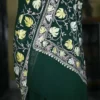Bottle Green indian crepe White kashida embroidery border saree