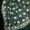 Bottle Green indian crepe White kashida embroidery border saree