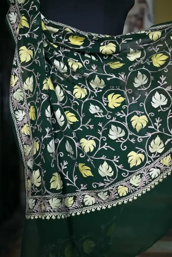Bottle Green indian crepe White kashida embroidery border saree