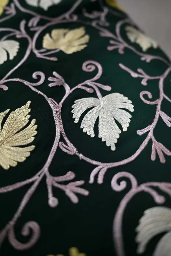 Bottle Green indian crepe White kashida embroidery border saree