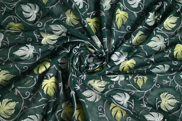 Bottle Green indian crepe White kashida embroidery border saree