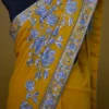 Yellow with Grey Kashmiri Aari Tilla embroidery work on India Crepe Silk saree