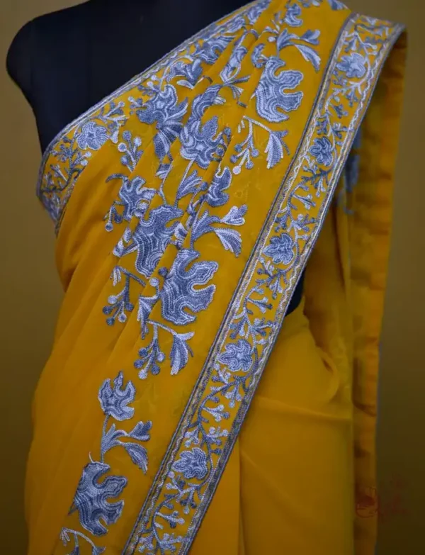 Yellow with Grey Kashmiri Aari Tilla embroidery work on India Crepe Silk saree