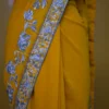Yellow with Grey Kashmiri Aari Tilla embroidery work on India Crepe Silk saree