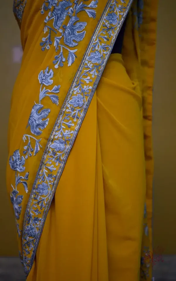 Yellow with Grey Kashmiri Aari Tilla embroidery work on India Crepe Silk saree