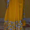 Yellow with Grey Kashmiri Aari Tilla embroidery work on India Crepe Silk saree