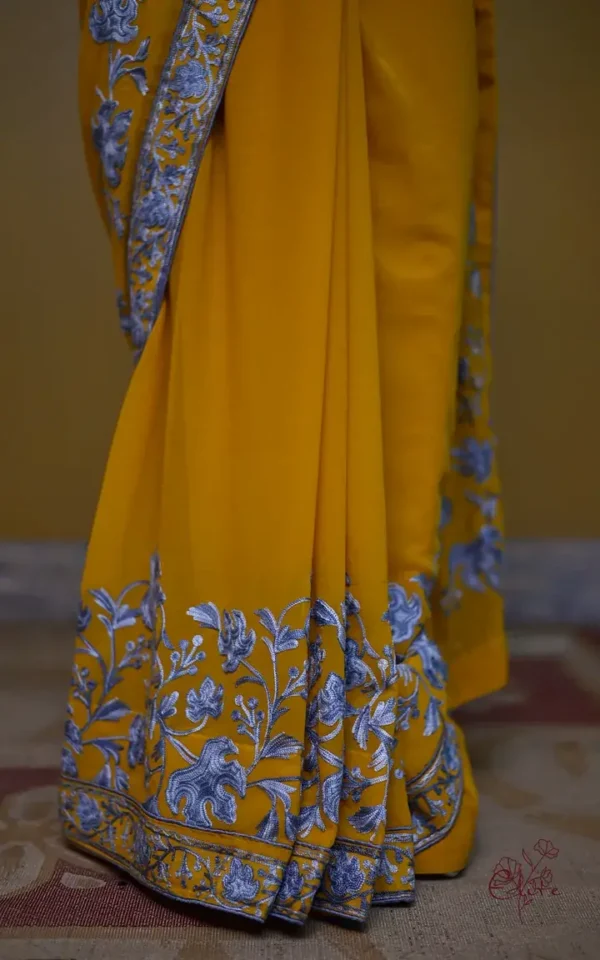 Yellow with Grey Kashmiri Aari Tilla embroidery work on India Crepe Silk saree