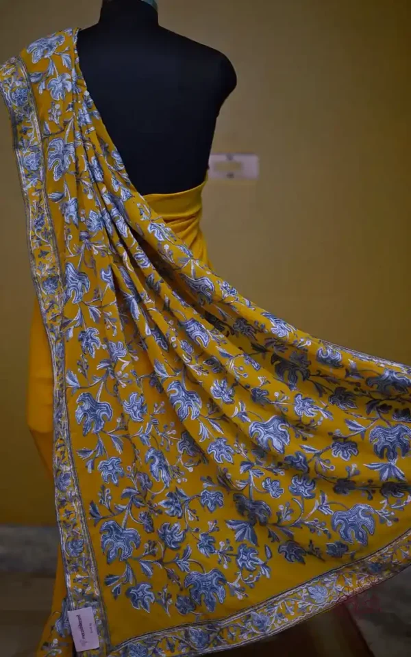 Yellow with Grey Kashmiri Aari Tilla embroidery work on India Crepe Silk saree