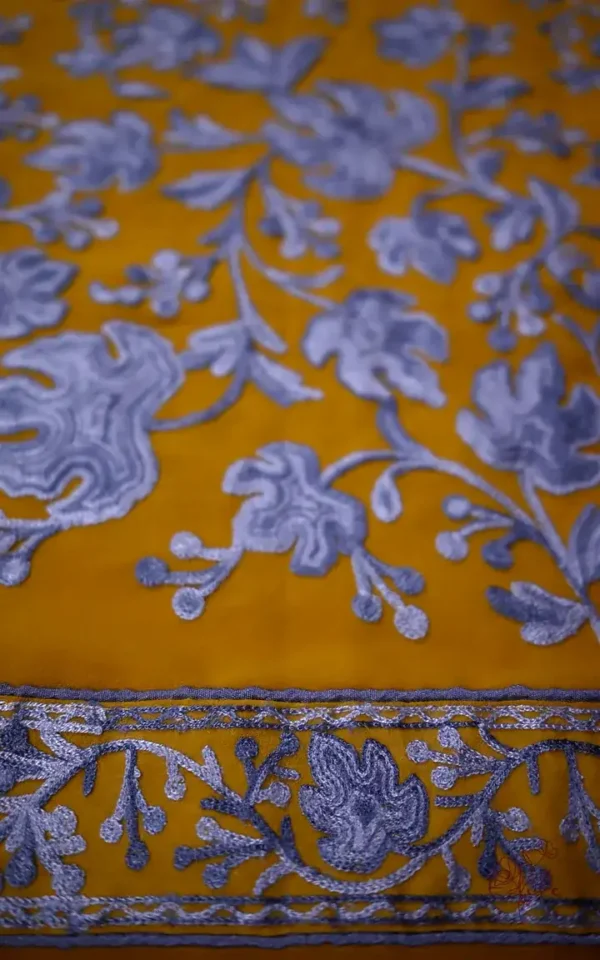Yellow with Grey Kashmiri Aari Tilla embroidery work on India Crepe Silk saree