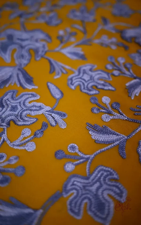 Yellow with Grey Kashmiri Aari Tilla embroidery work on India Crepe Silk saree