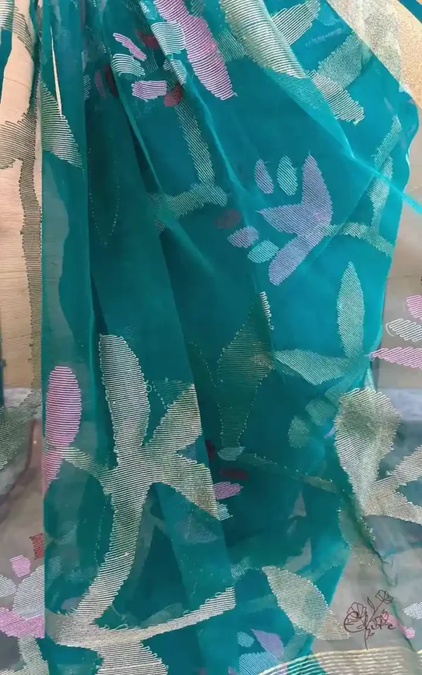 Sea Green Pure Resham Silk Dhakai Jamdani with Golden Zari Border Saree