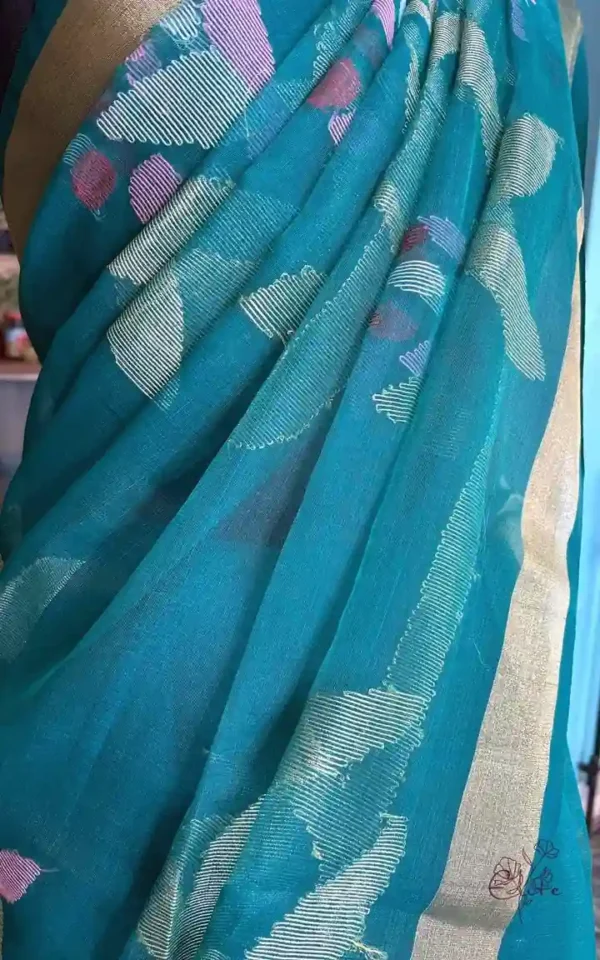 Sea Green Pure Resham Silk Dhakai Jamdani with Golden Zari Border Saree