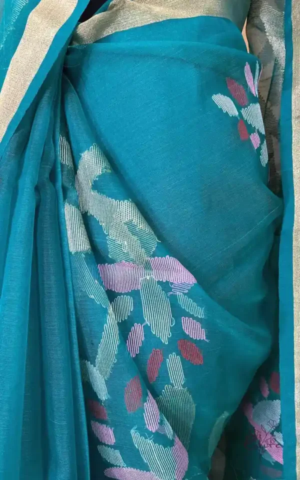 Sea Green Pure Resham Silk Dhakai Jamdani with Golden Zari Border Saree