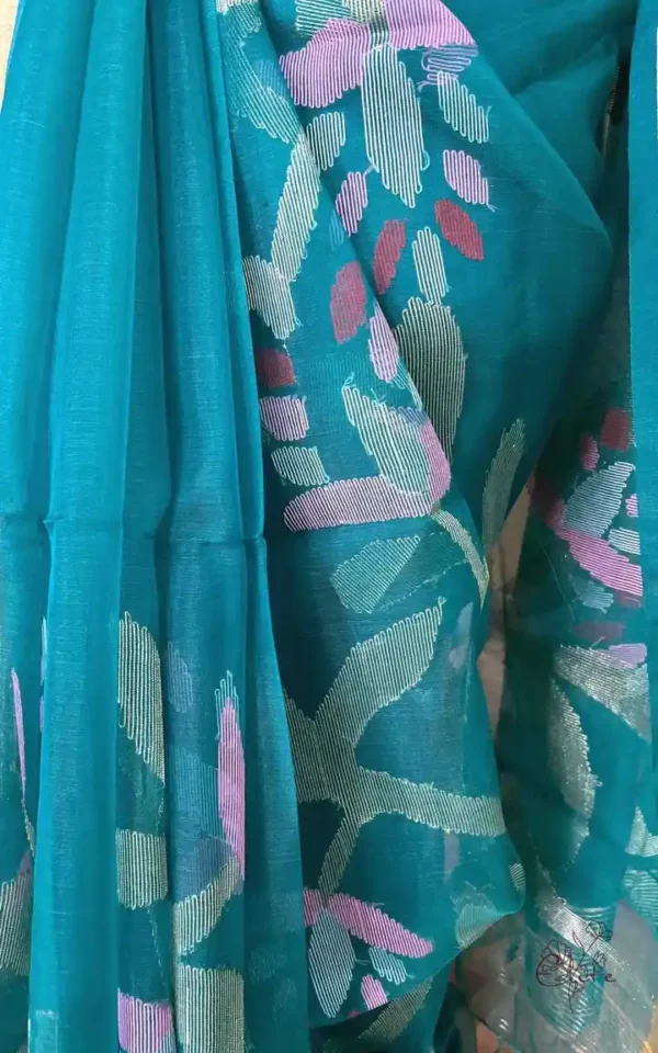 Sea Green Pure Resham Silk Dhakai Jamdani with Golden Zari Border Saree