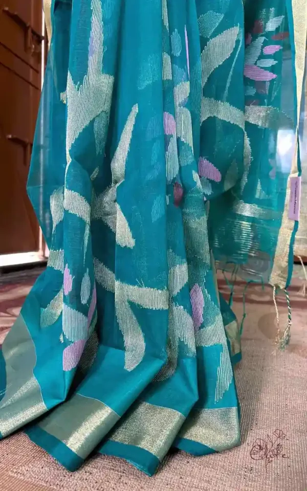 Sea Green Pure Resham Silk Dhakai Jamdani with Golden Zari Border Saree